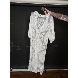Boho White Lace Duster Kimono Open Front Cardigan Beach Cover Up Women